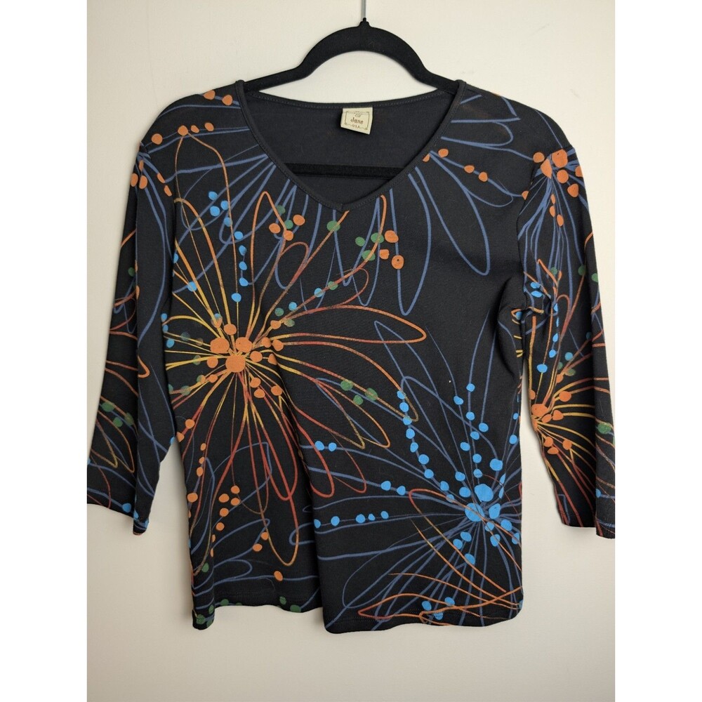 Jess And Jane Womens Black Top 3/4 Sleeve Size Small Fireworks Print Freedom USA